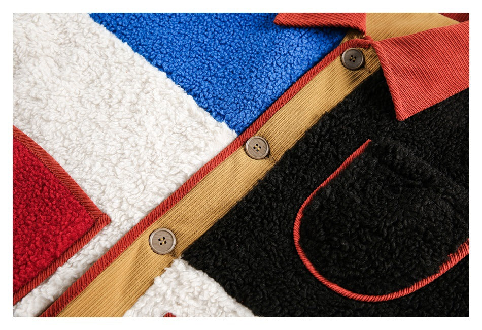 Close-up of a color-block fleece jacket front with a tan button placket, black pocket, and blue, white, and red panels.