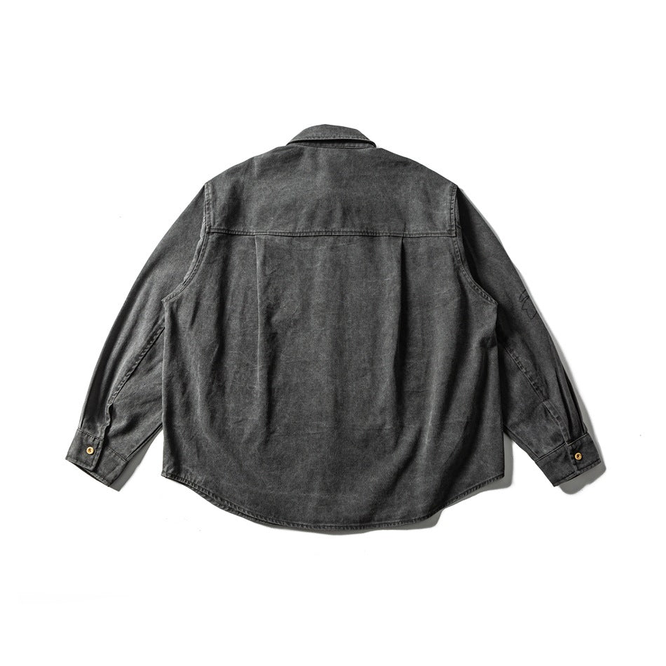 Dark gray washed long-sleeve shirt, flat lay back view with yoke seam, pleat and button cuffs
