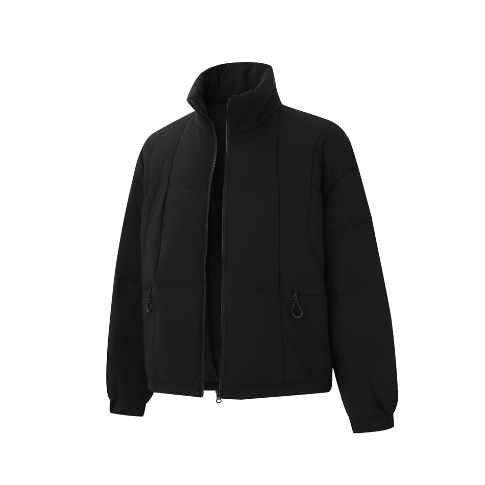 Black quilted puffer jacket in three-quarter view with the front zipper partly open, showing the stand collar