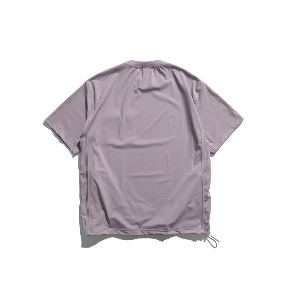 Back view of dusty purple short-sleeve tee flat lay with a plain back and a drawcord at the hem