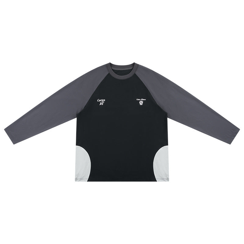 Flat-lay front of a black long-sleeve raglan T-shirt with dark gray sleeves and light gray side panels