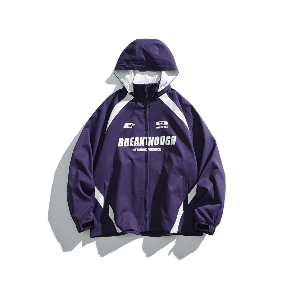 Front view of a purple hooded zip jacket with white panels and bold English lettering across the chest.