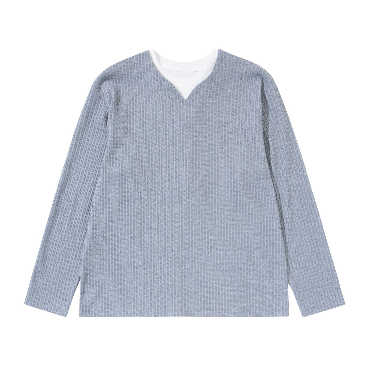 Gray ribbed long-sleeve top with white layered crew-neck collar and V-shaped notch, flat front view