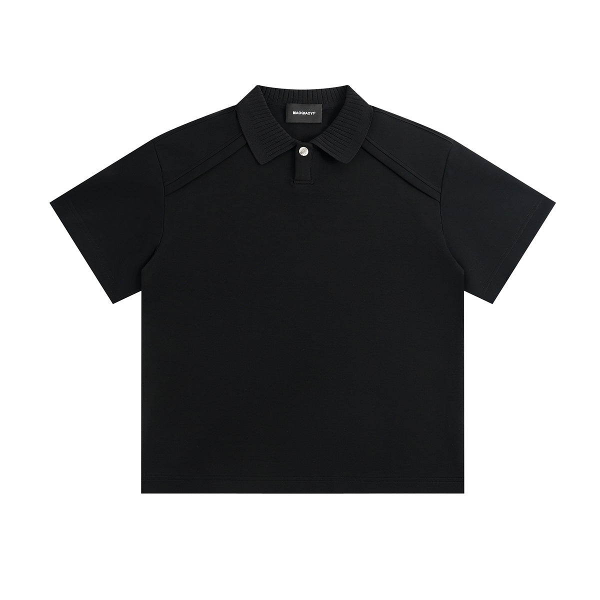 Black short-sleeve polo top with ribbed knit collar, single button placket and raglan-style shoulder seams, flat front view