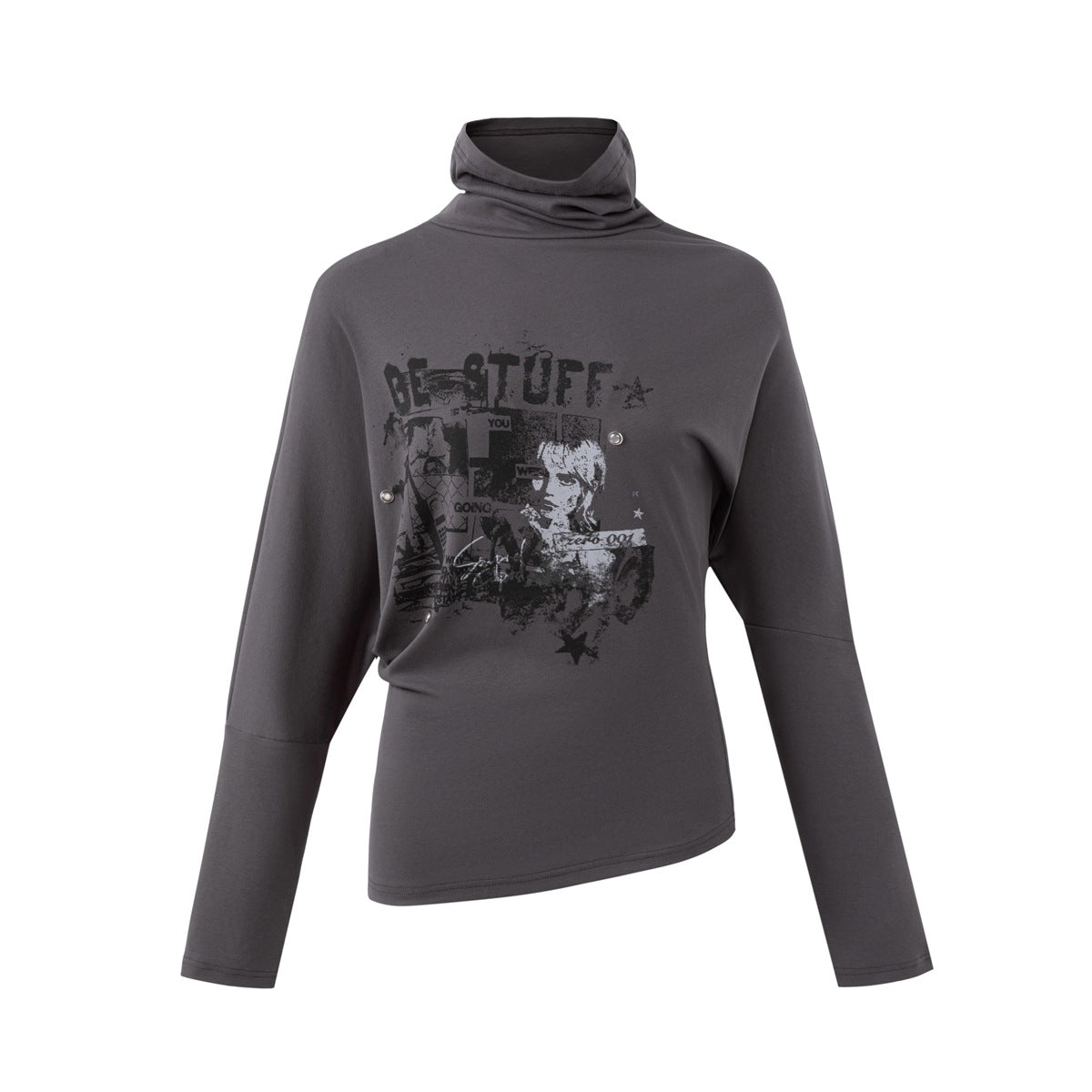 Dark gray high-neck long-sleeve top with distressed black and gray graphic print and asymmetric hem, front view
