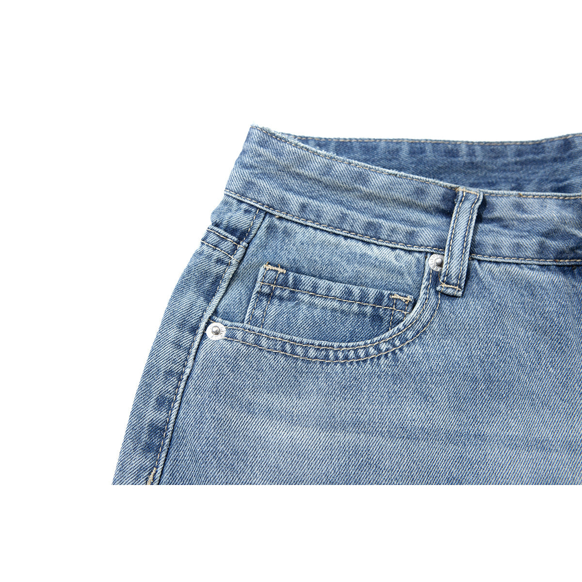 Close-up of light blue denim shorts showing a front pocket, coin pocket, rivet, and belt loop.
