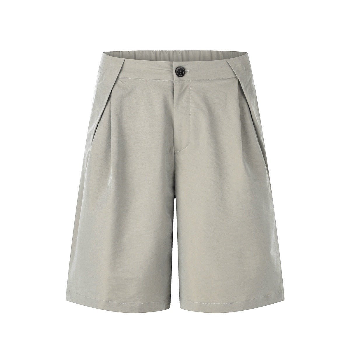 Front view of khaki pleated knee-length shorts with a single button, fly front and wide straight legs