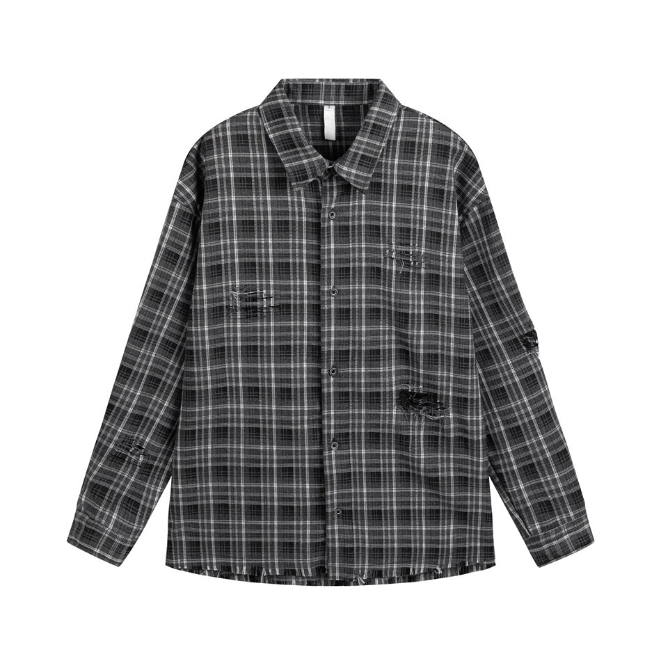 Gray plaid long-sleeve button-up shirt with distressed holes and frayed hem, flat lay front view