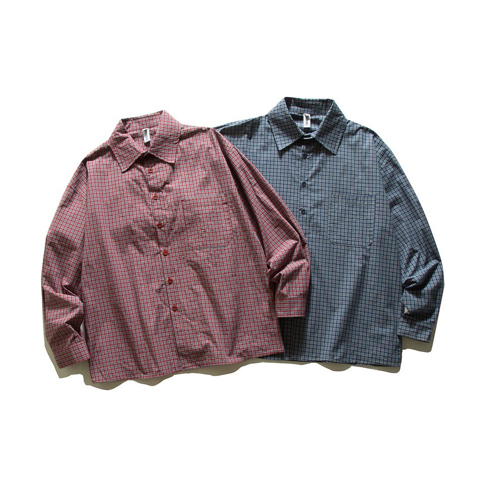 Two long-sleeve plaid button-up shirts laid flat: one red and gray, the other blue and gray.