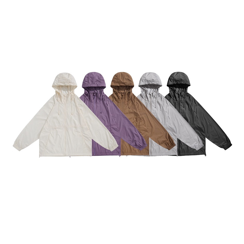 Five hooded zip jackets shown together in off-white, purple, brown, light gray and black.