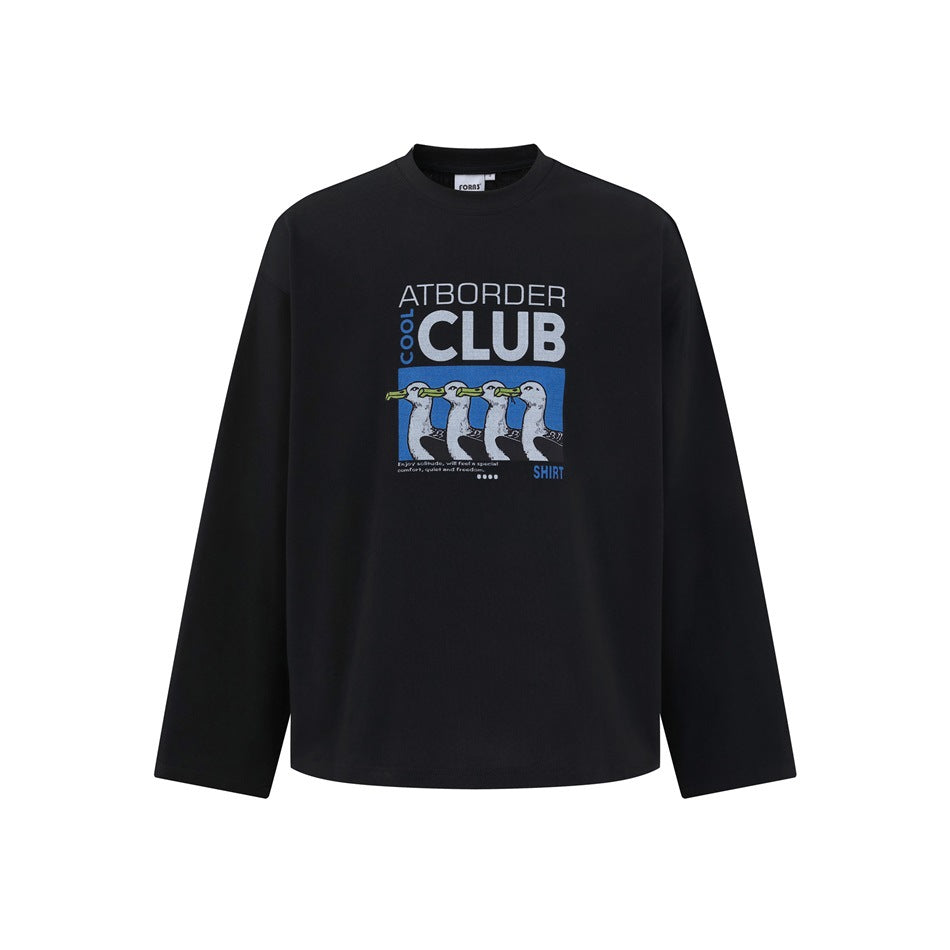 Black long-sleeve crew-neck top with a blue seagull graphic and ATBORDER COOL CLUB print on the chest