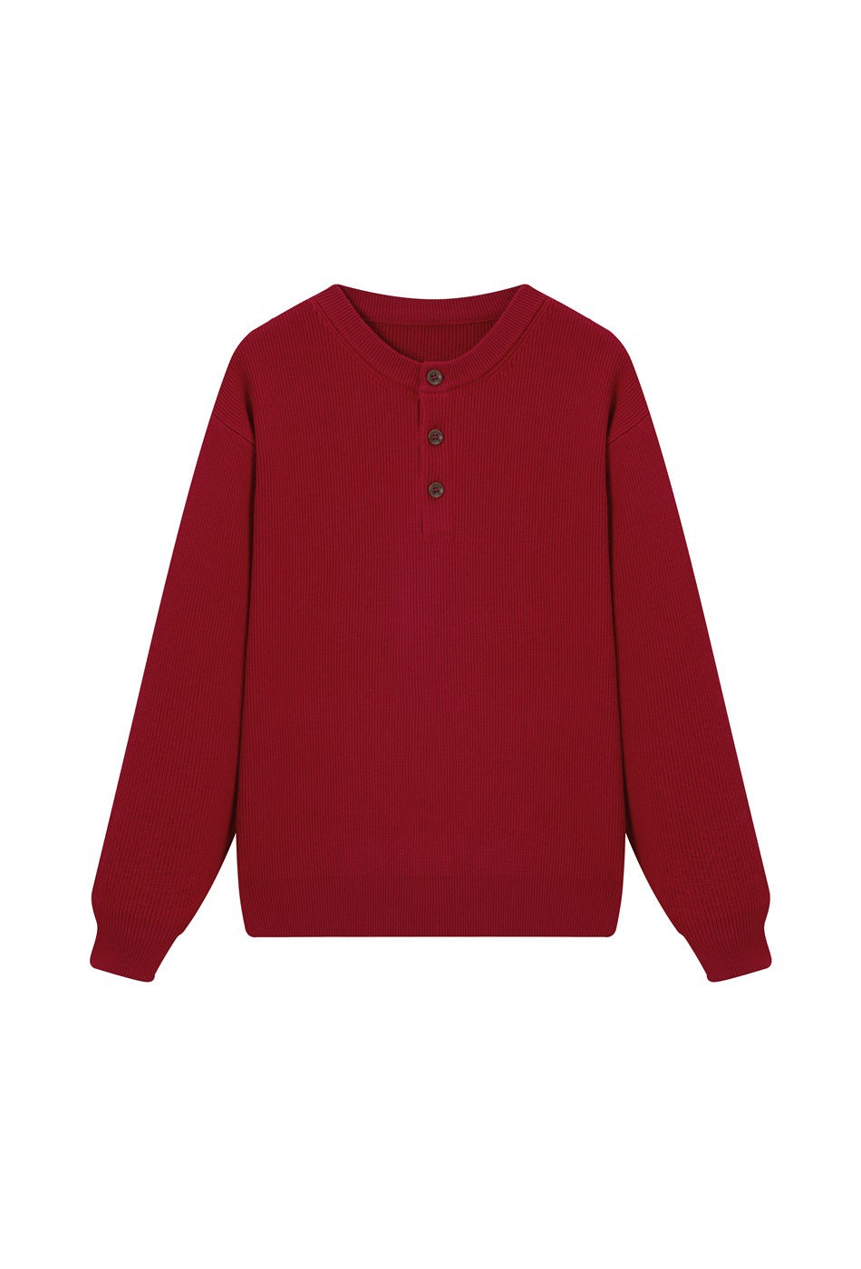 Red ribbed-knit sweater with round neck and three-button placket, flat front view