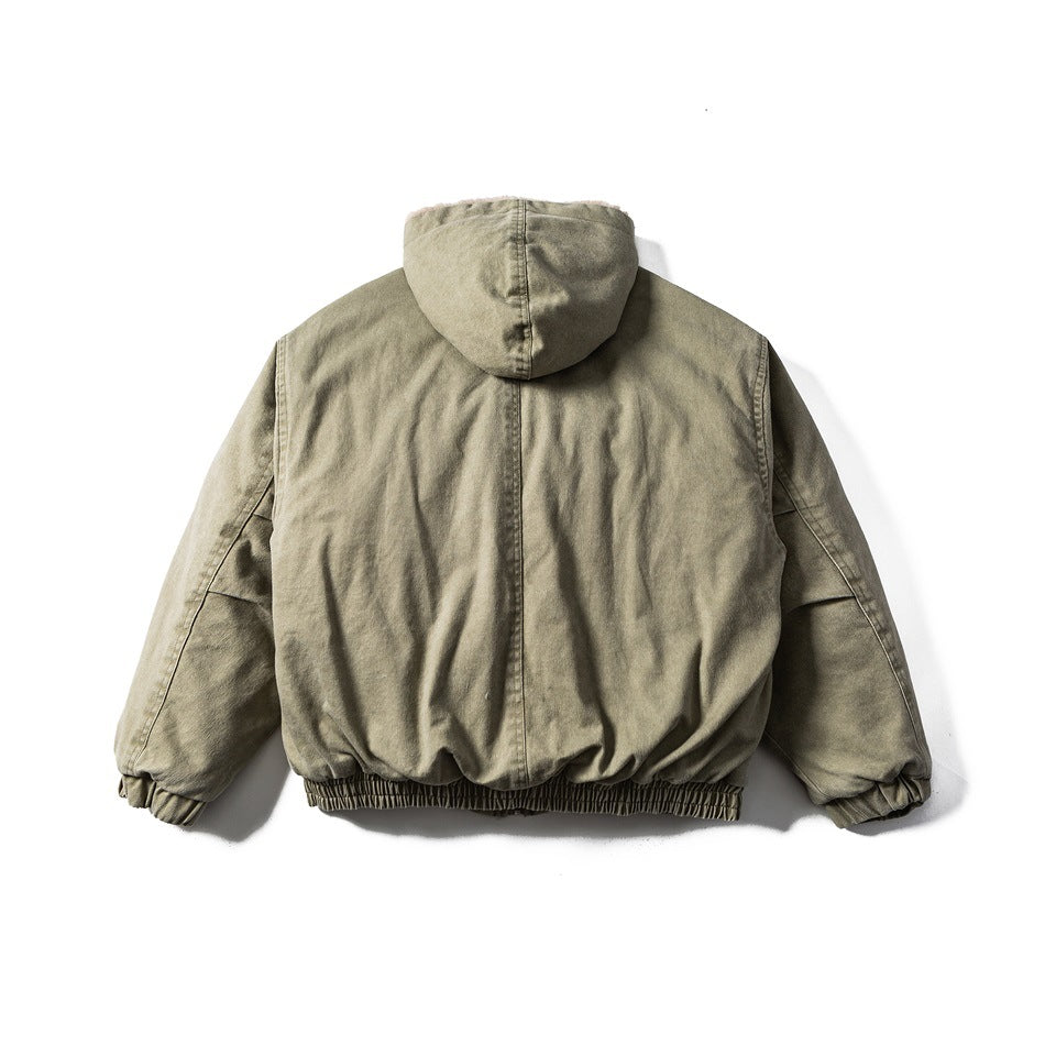 Back view of an olive-gray hooded jacket with a center seam and elasticated cuffs and hem.
