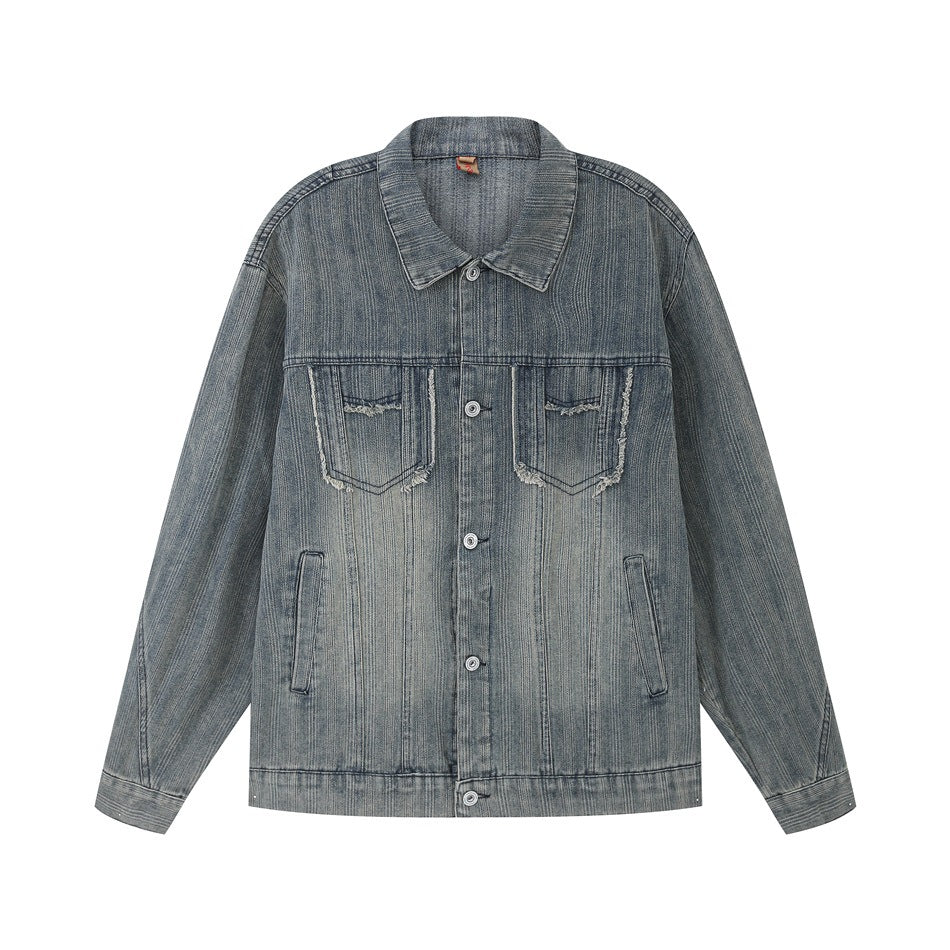 Blue washed striped denim jacket, flat front view with button front, chest flap pockets and frayed pocket edges