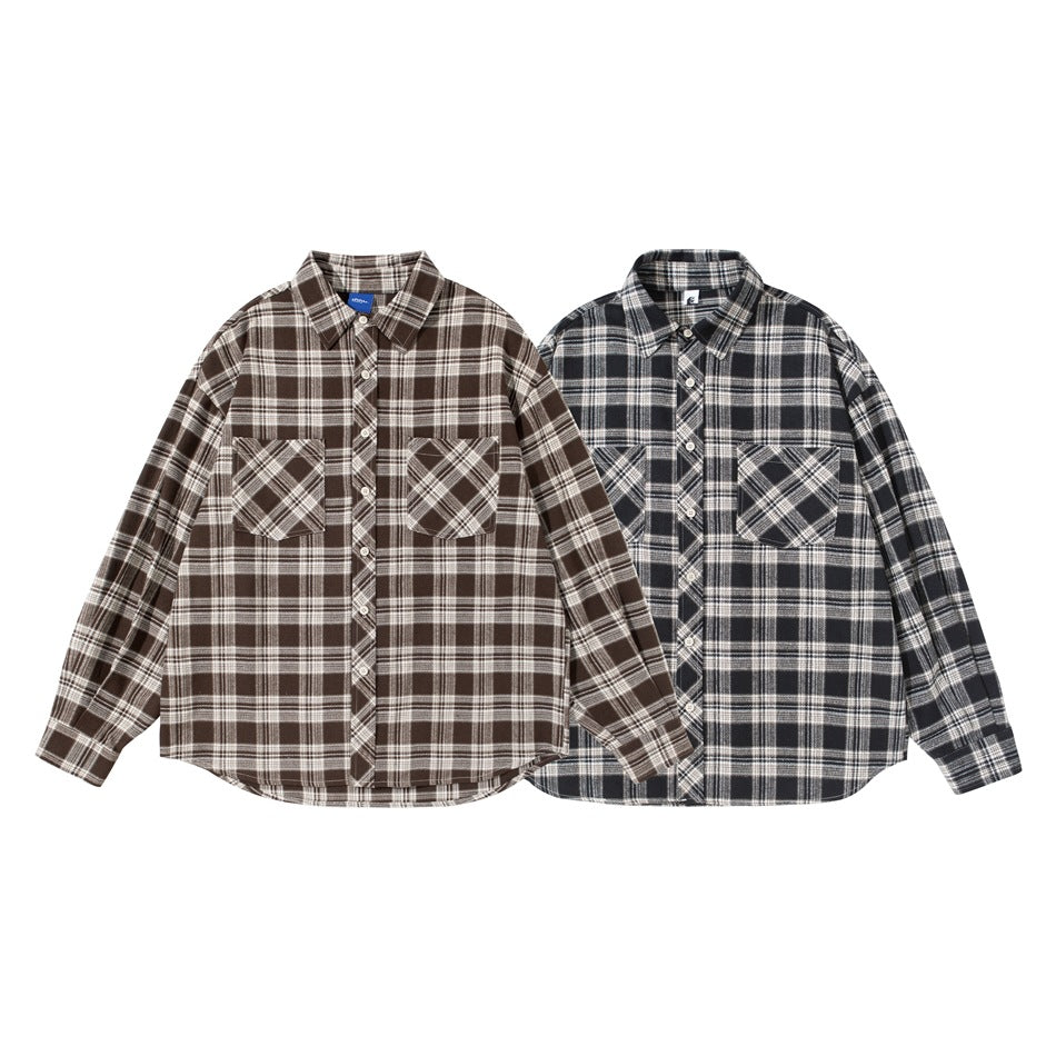 Two long-sleeve plaid shirts shown from the front: one brown and cream, one black and cream.