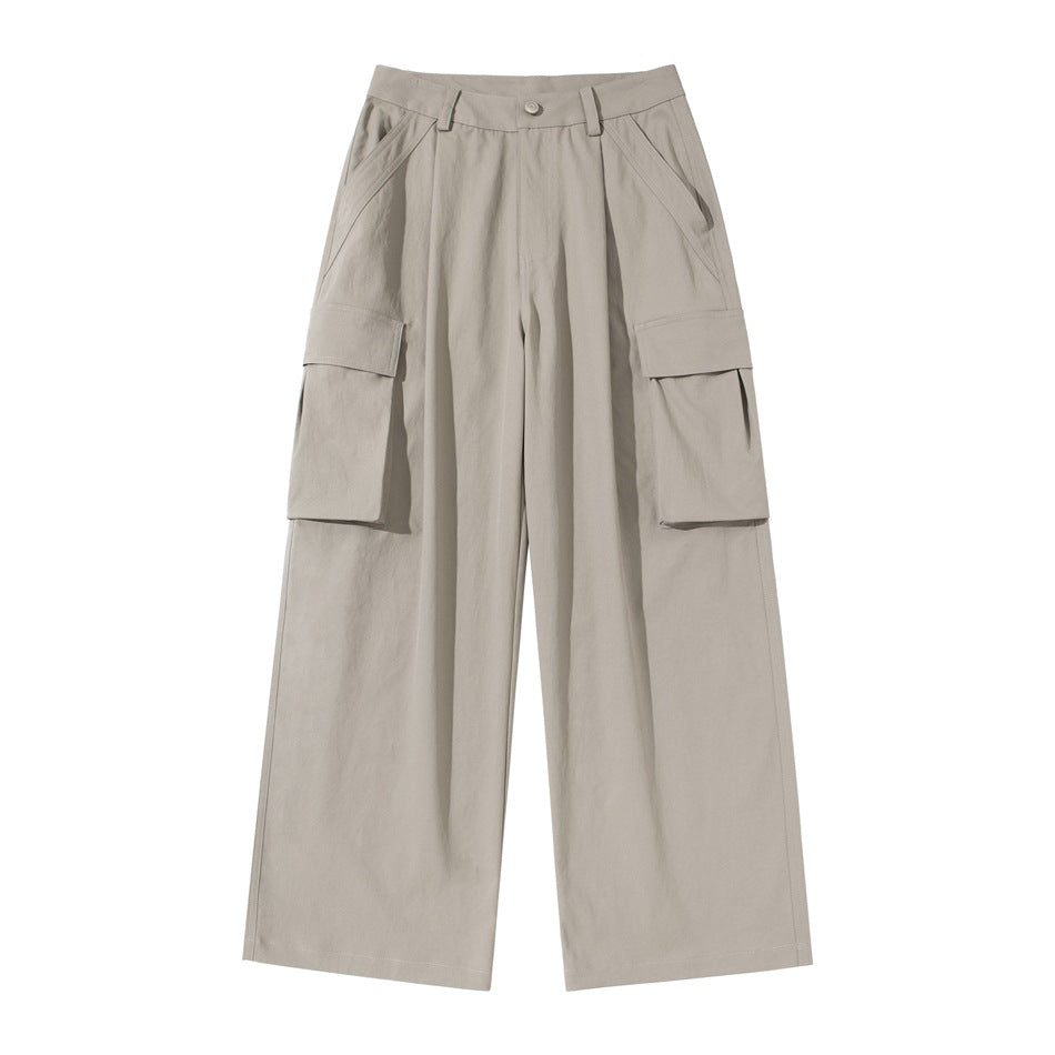 Light khaki-gray wide-leg cargo pants flat lay, front view with button, pleats and large side flap pockets