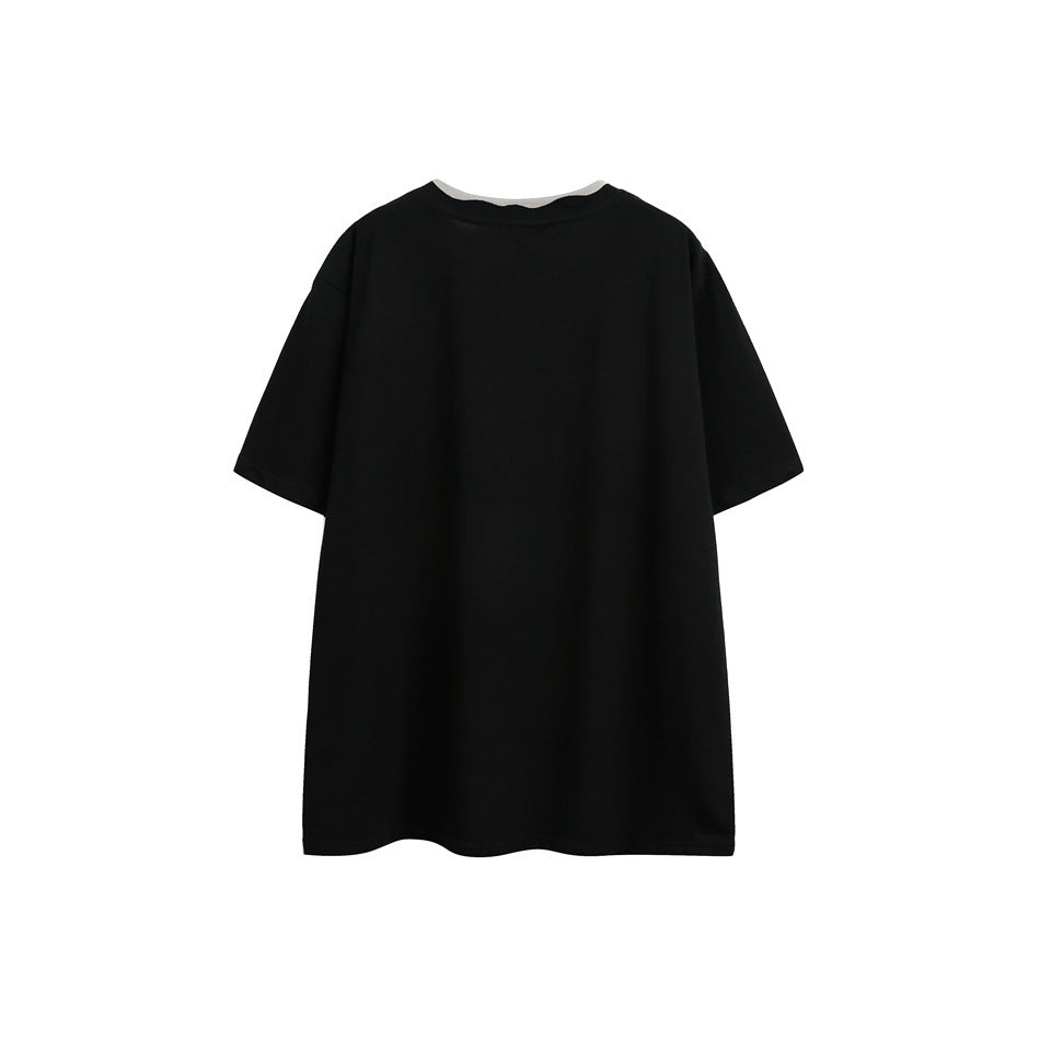 Plain black short-sleeve T-shirt shown from the back, with a contrasting light neckline.