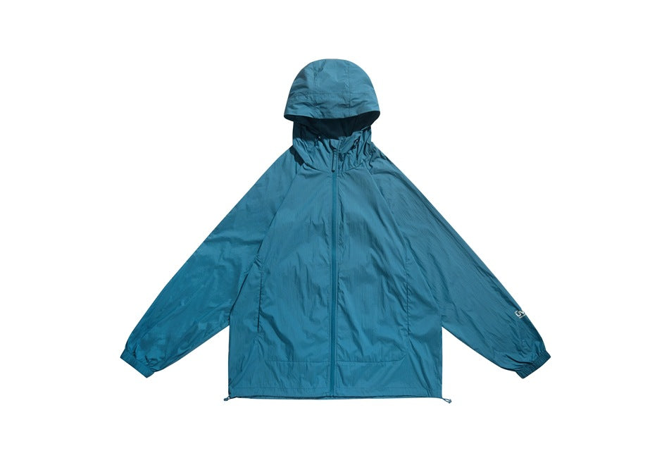 Peacock blue hooded zip-up jacket with elastic cuffs and drawcord hem, flat front view