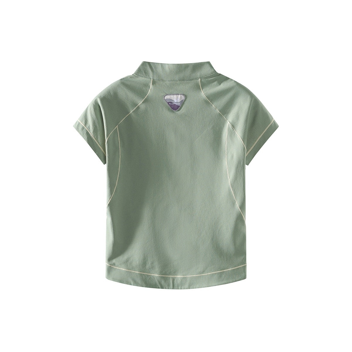 Back view of a muted sage-green short-sleeve top with a stand collar, light contrast piping, and a small upper-back patch.