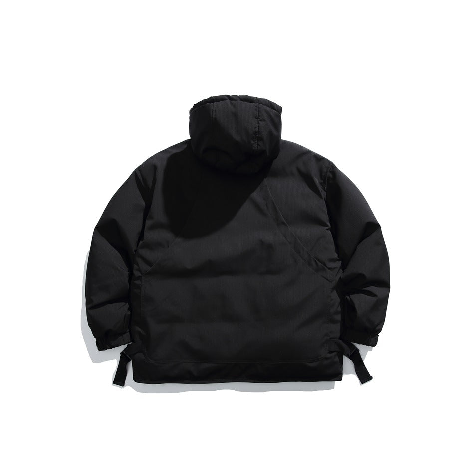 Back view of a black hooded jacket laid flat, with elastic cuffs and adjustable black hem straps.