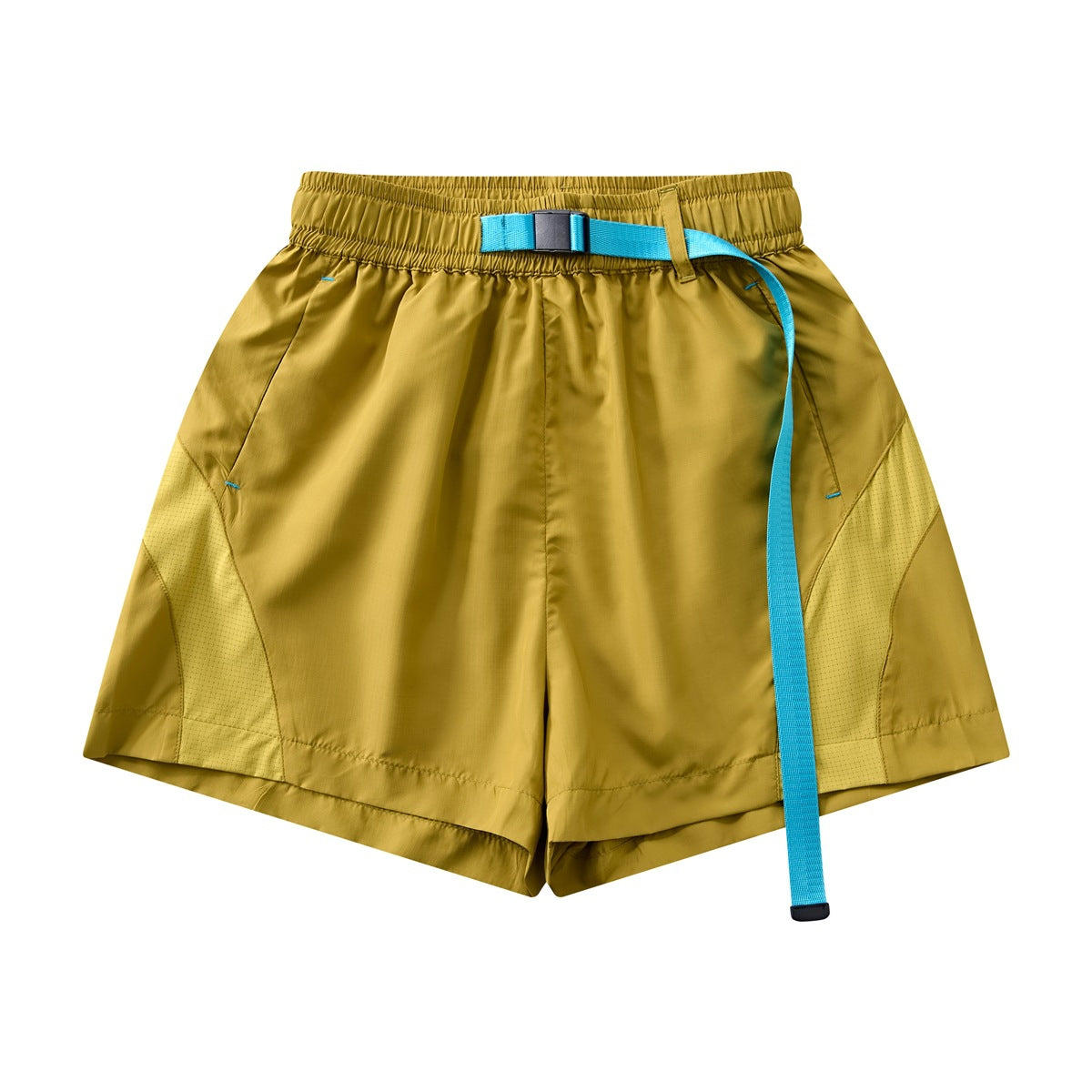 Yellow shorts with matching perforated side panels, elastic waist and turquoise buckle belt, flat lay front view