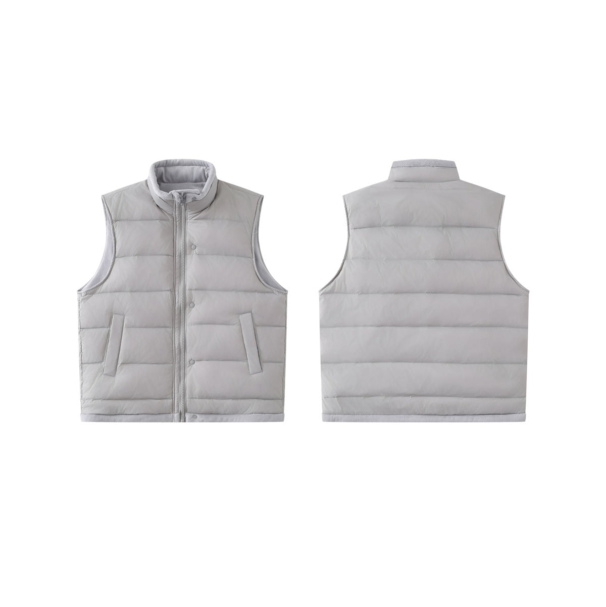 Light gray quilted puffer vest shown flat from the front and back with zipper, snaps and pockets