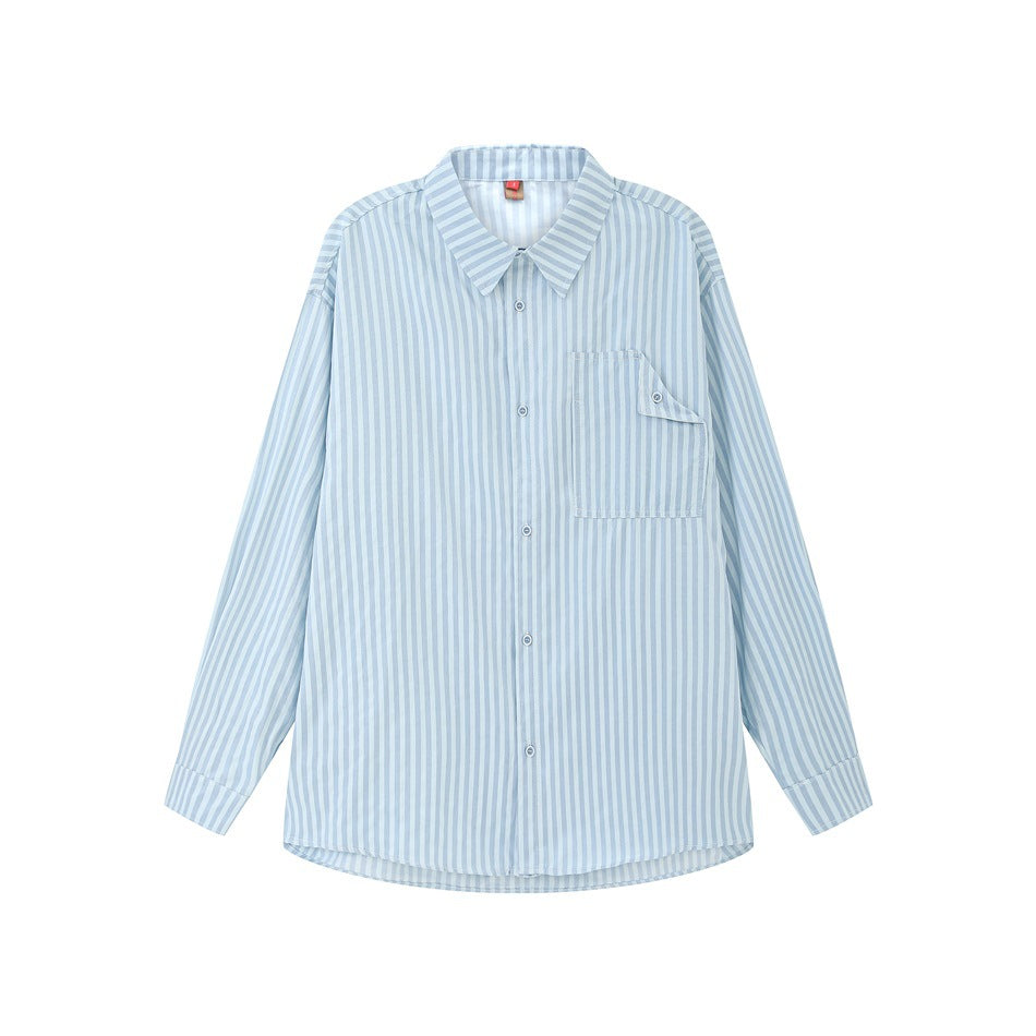 Light blue and white striped long-sleeve button-up shirt with chest pocket, flat front view