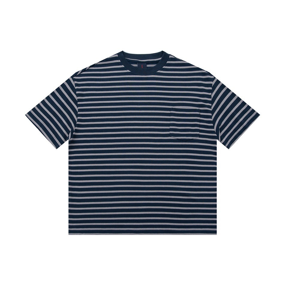 Navy and gray striped short-sleeve crew-neck T-shirt with chest pocket, flat front view