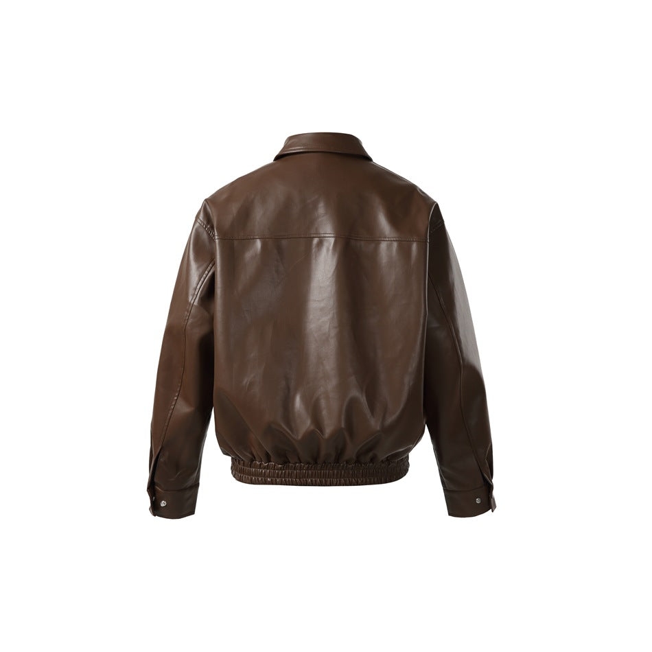 Brown faux-leather-look bomber jacket, back view, with yoke seam, elastic hem and snap cuffs