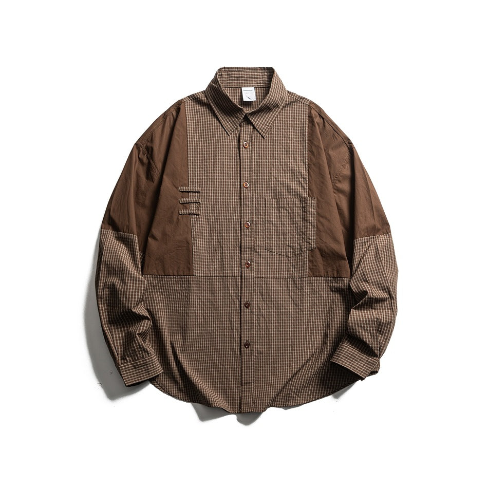 Light khaki brown patchwork check long-sleeve button shirt, front flat lay with chest pocket