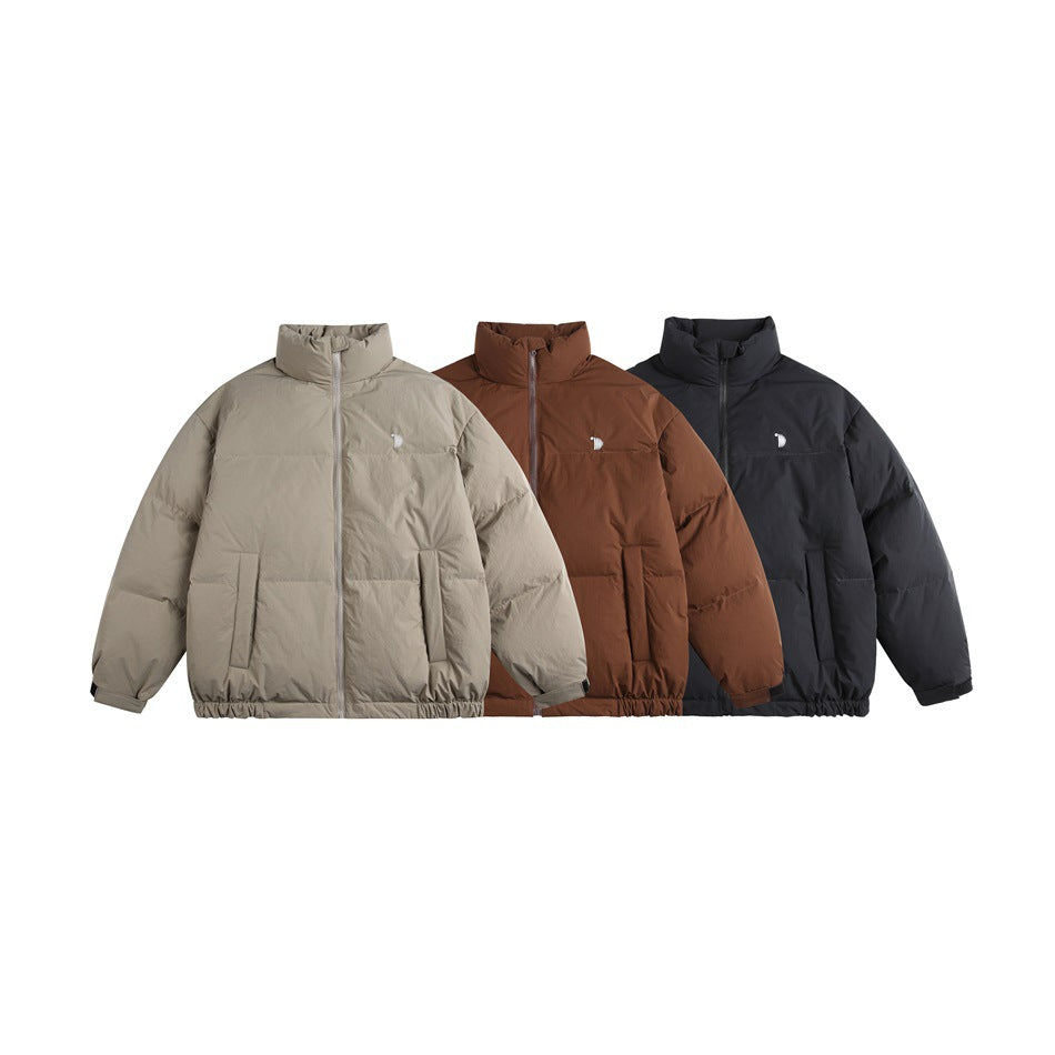 Three high-collar puffer jackets shown together in taupe, brown, and black.
