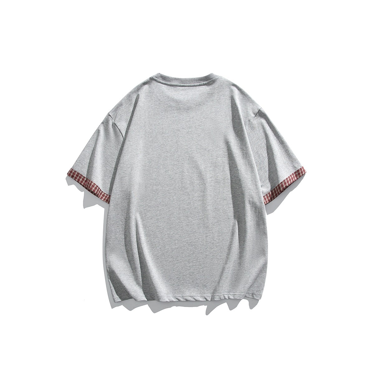 Back view of a plain gray short-sleeve T-shirt with red plaid sleeve-edge trim.