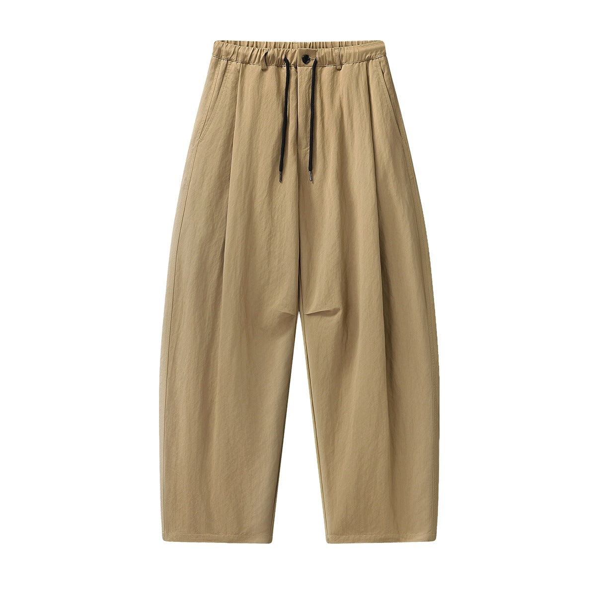 Khaki wide-leg barrel pants with elastic drawstring waist, black cords, front pleats and side pockets, flat lay front view