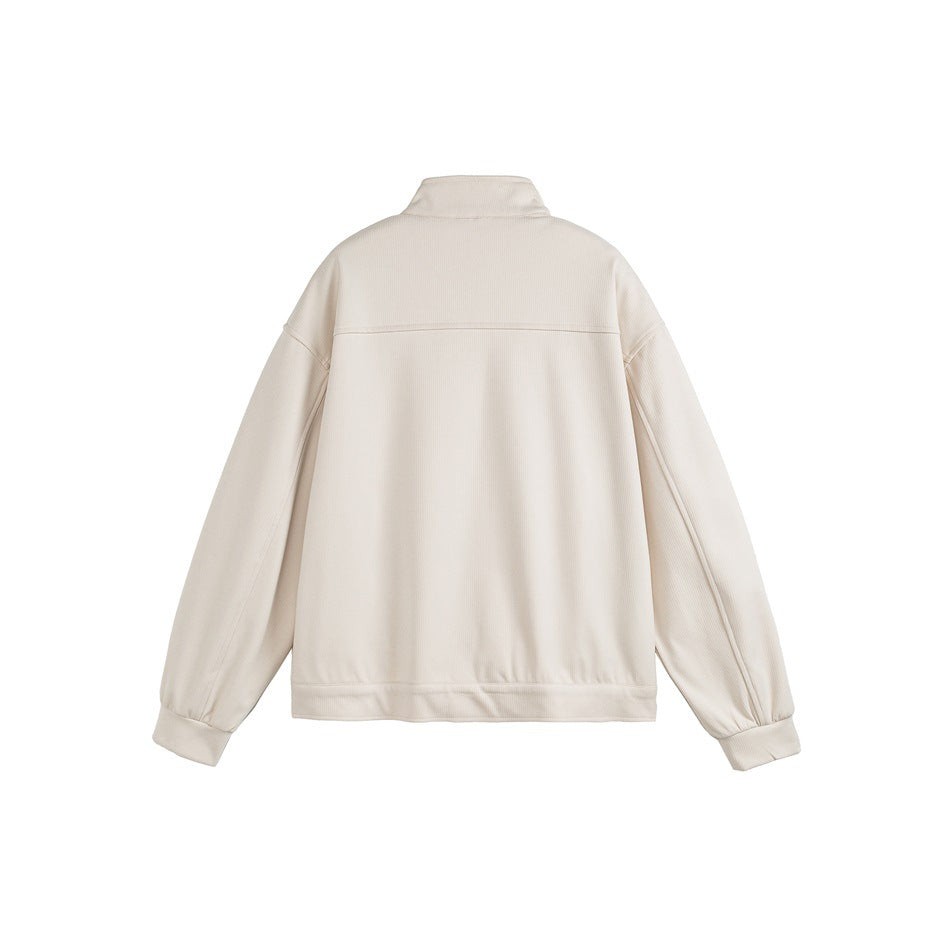 Back view of a cream long-sleeve zip jacket with a stand collar, ribbed cuffs, and hem.