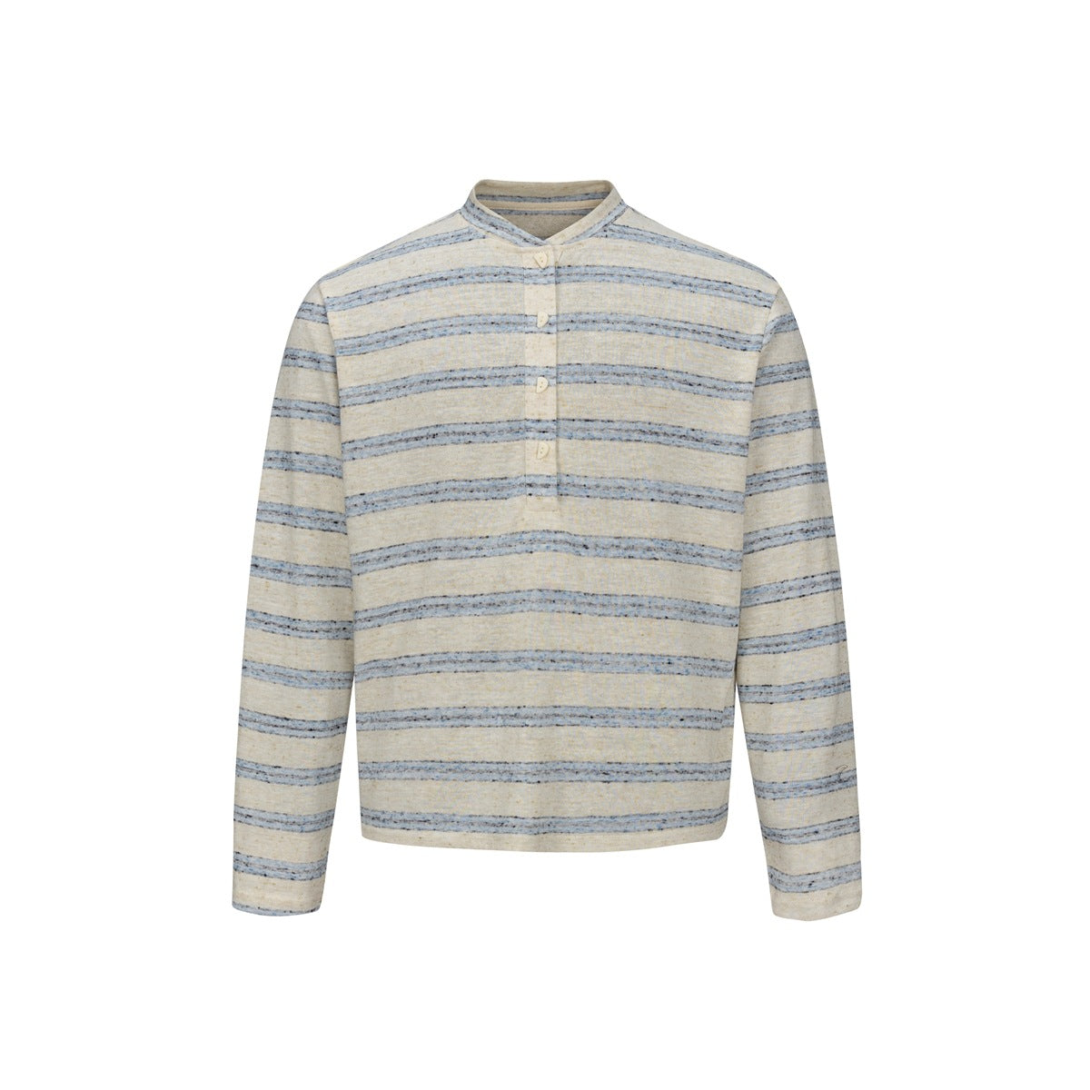 Front of beige henley top with light blue speckled horizontal stripes, band collar and four buttons