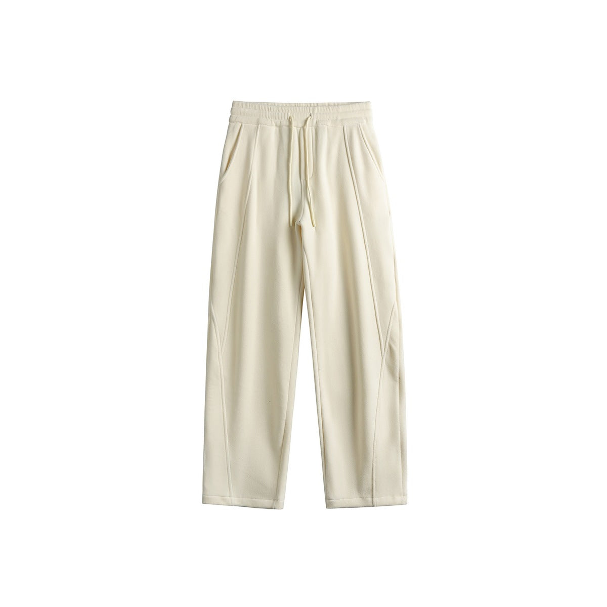Cream apricot wide-leg drawstring sweatpants, flat front view with curved seams and side pockets