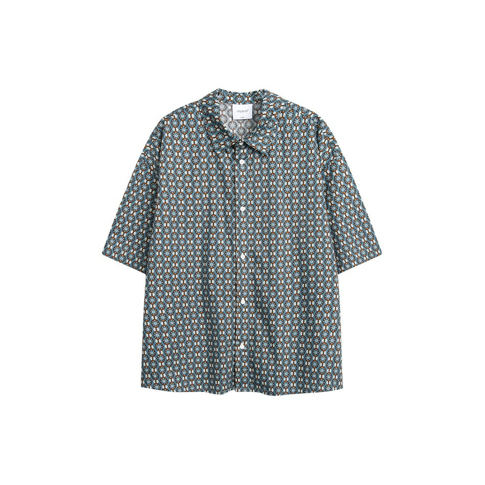 Short-sleeve button-front shirt with blue, teal and brown geometric medallion print, flat front view