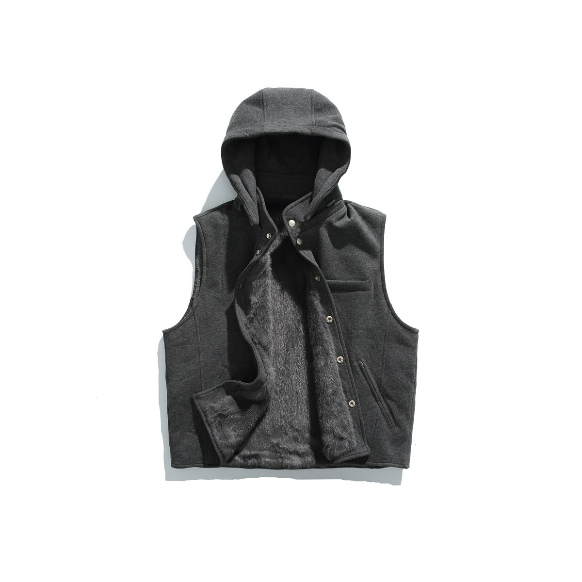 Gray hooded snap-front vest laid flat, open to show gray plush lining and chest pocket