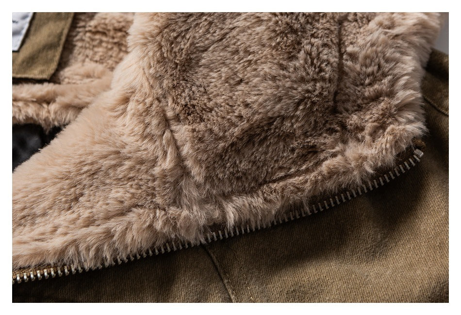 Close-up of the jacket's plush beige-brown lining and zipper edge.