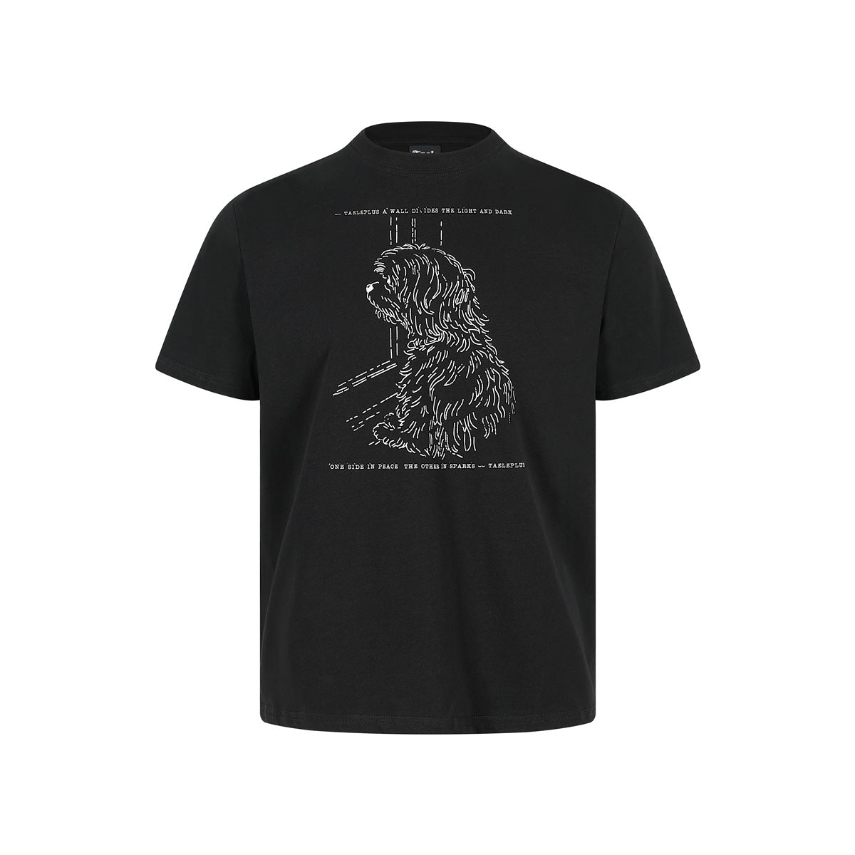 Black short-sleeve crew-neck T-shirt with white line-art shaggy dog print and small text lines, flat front view