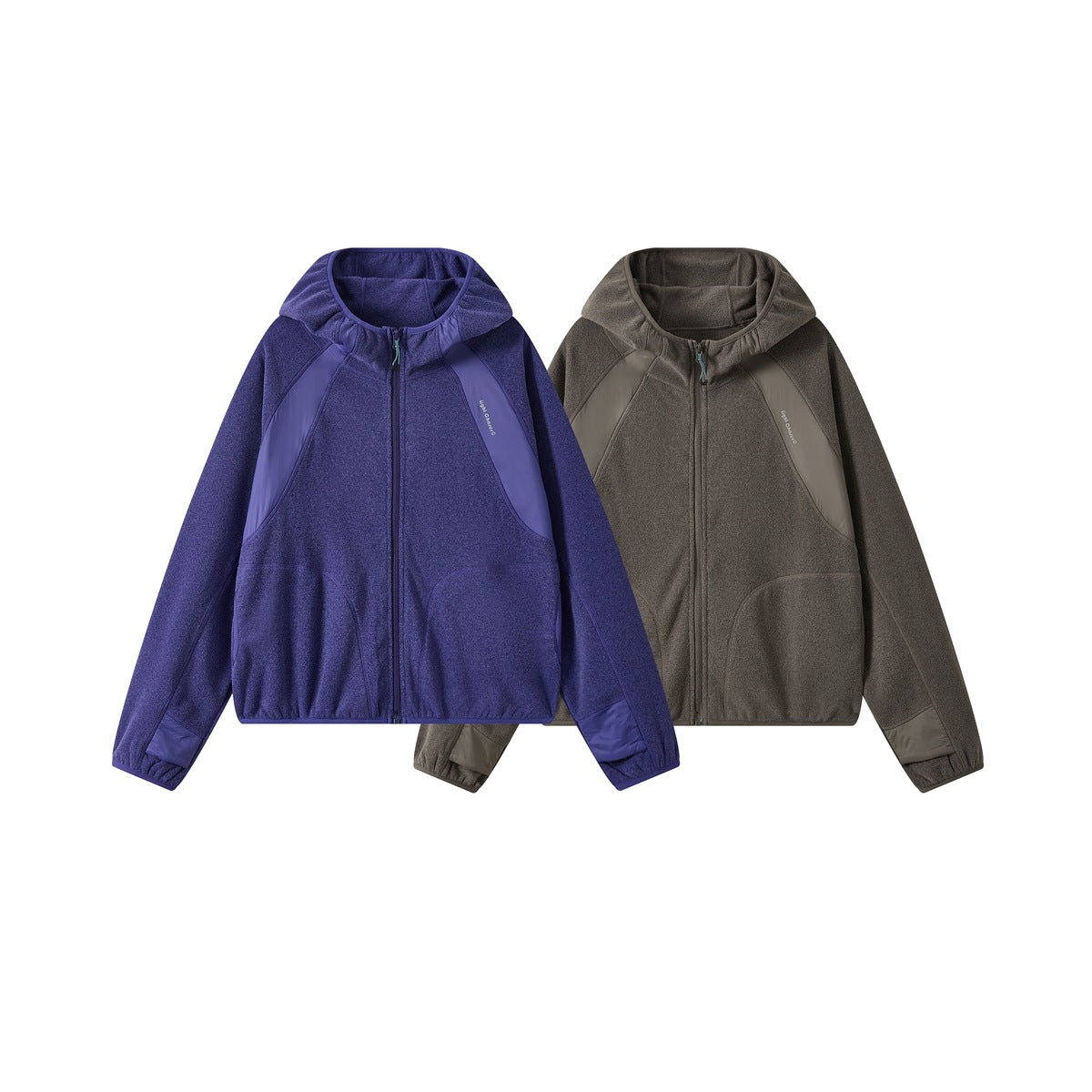 Front view of two hooded zip jackets, one purple and one taupe-gray, with contrasting panels and pockets.