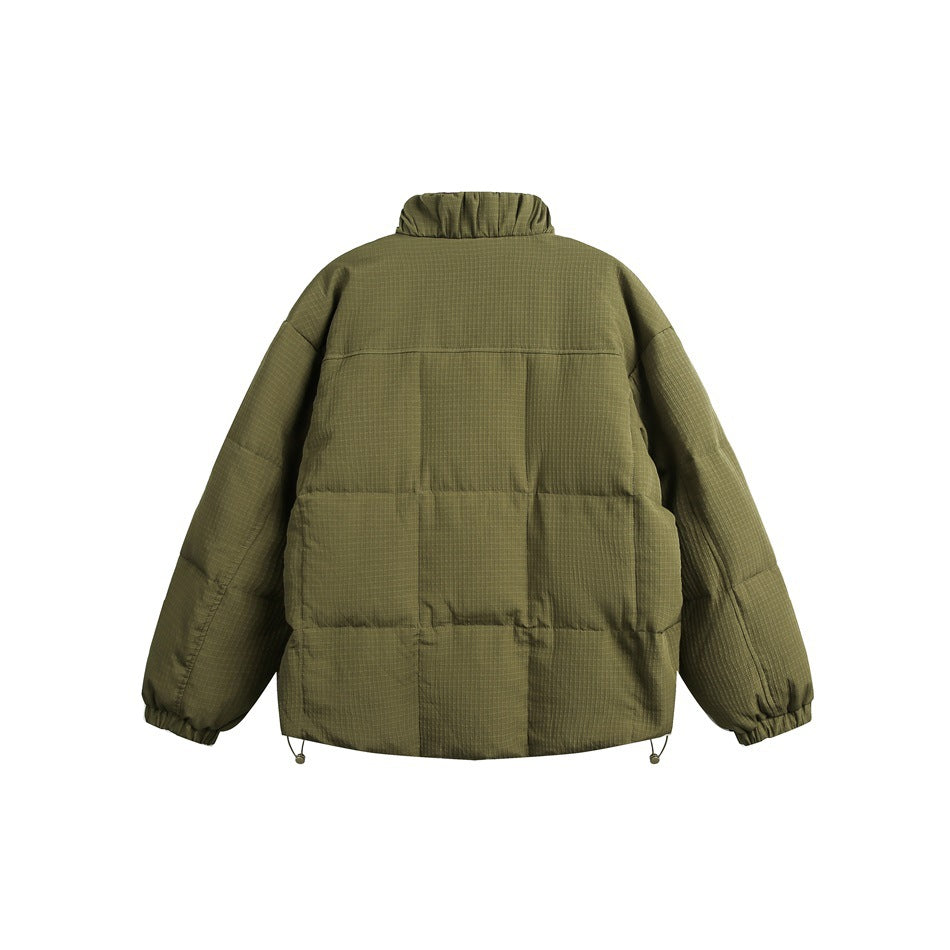 Back view of an olive green quilted puffer jacket with a stand collar and elastic cuffs.