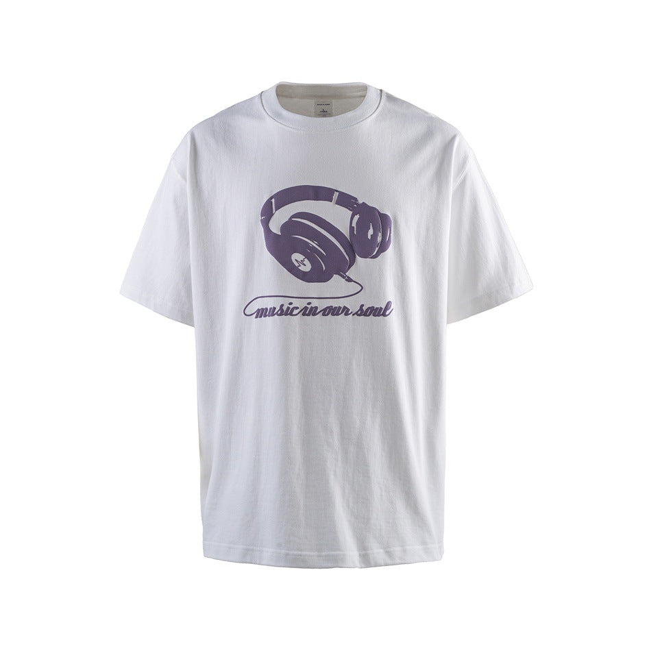White short-sleeve T-shirt with purple headphone graphic and 'music in our soul' script, flat front view