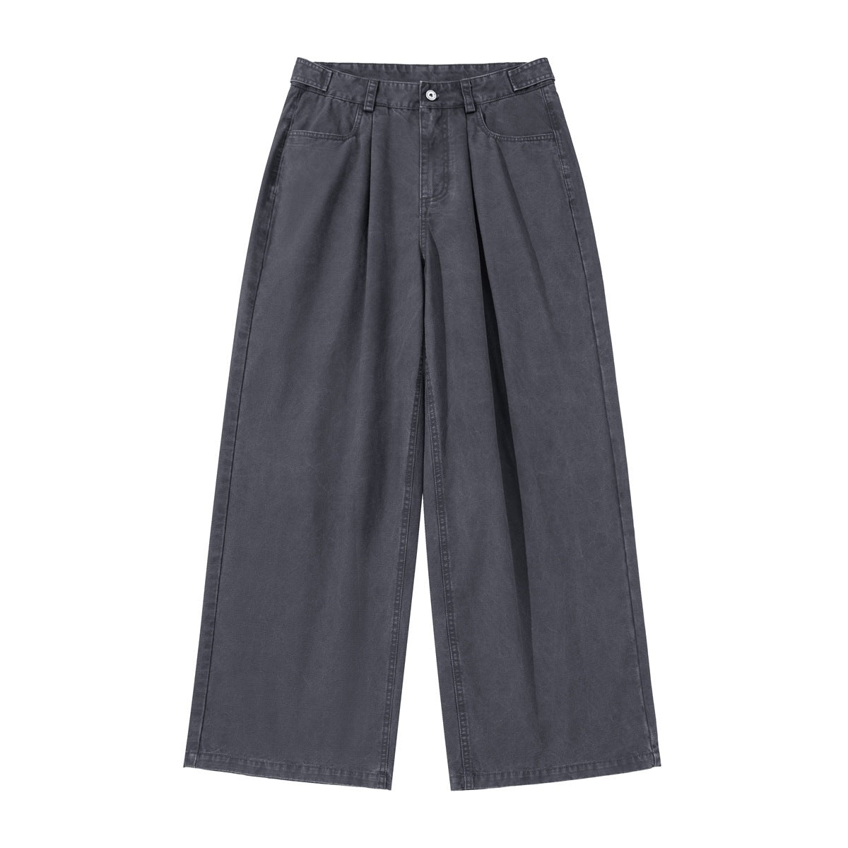 Dark gray pleated wide-leg pants flat lay, front view with zip fly, button and slanted pockets