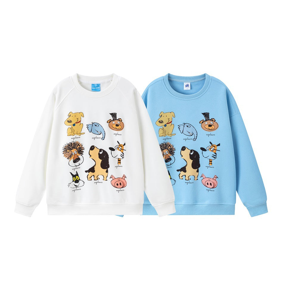 White and light blue crewneck sweatshirts displayed from the front, both with colorful cartoon animal prints.