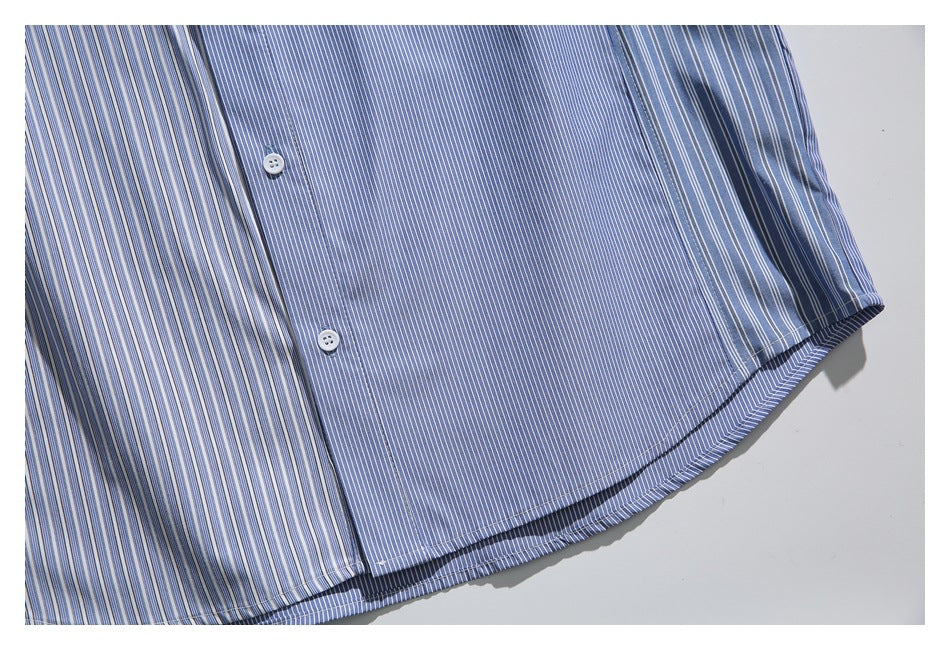 Close-up of the striped shirt's lower front, side seam, and curved hem.