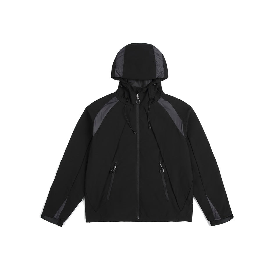 Black hooded zip jacket flat lay with dark gray contrast panels, drawcords and zippered front pockets
