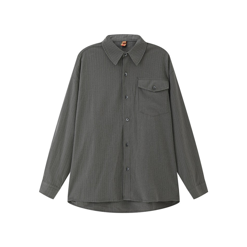 Dark gray fine-check long-sleeve button-up shirt with flap chest pocket, flat lay front view