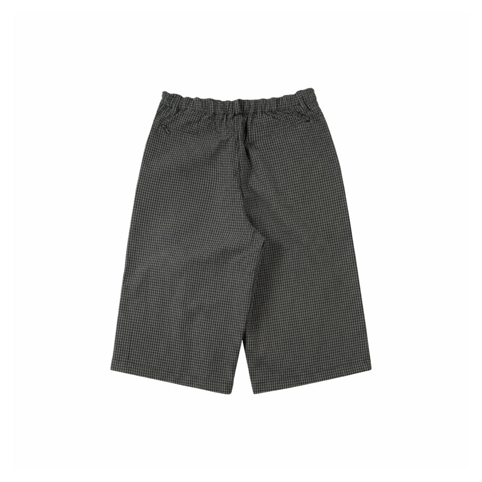 Back view of gray micro-check knee-length shorts with elastic waistband and zip pocket detail