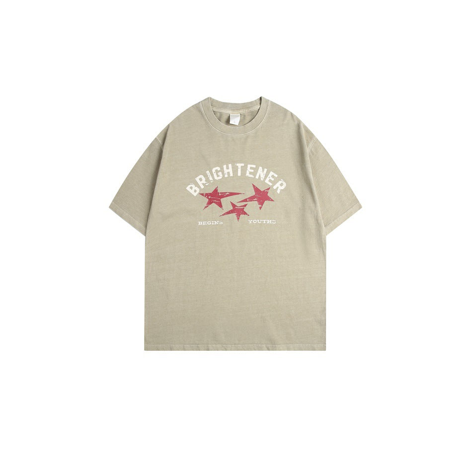 Khaki short-sleeve crew neck T-shirt with arched BRIGHTENER text and three red distressed stars on the chest